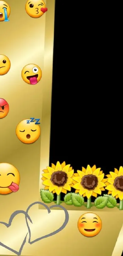 Mobile wallpaper with golden letter, emojis, sunflowers, and galaxy sky.