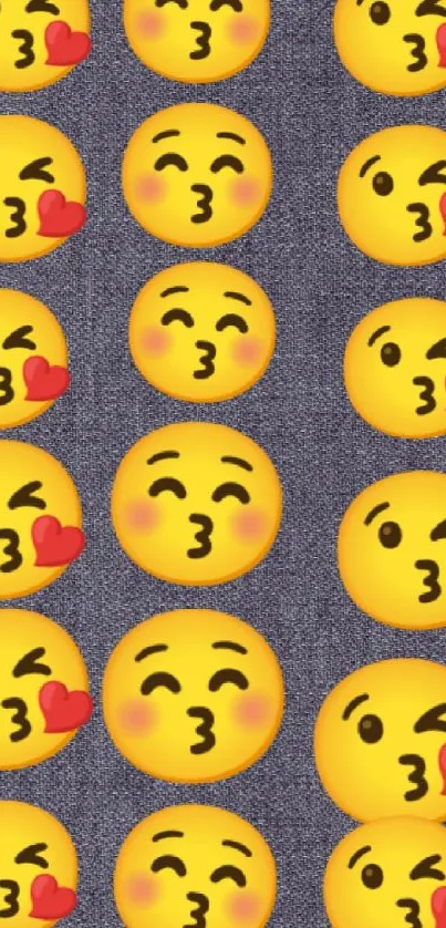 Kissing emojis pattern on a dark background for mobile wallpaper.