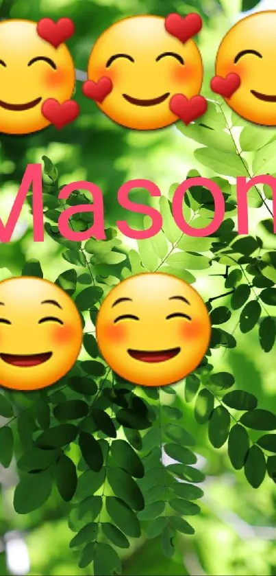 Wallpaper with emojis on vibrant green leaves.