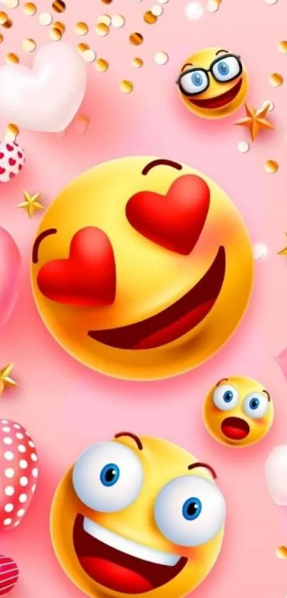 Colorful emoji wallpaper with hearts and confetti on a pink background.