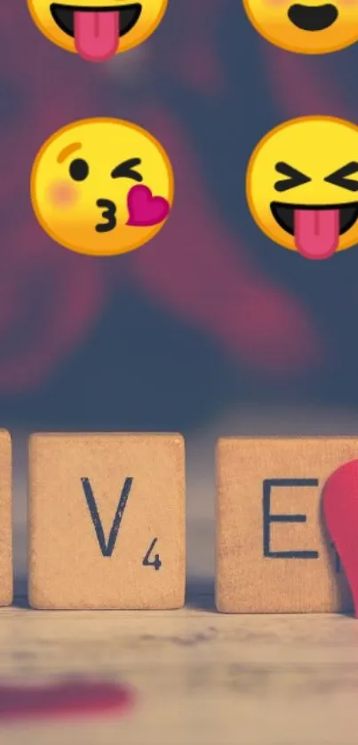 Colorful emoji love wallpaper with red accents.