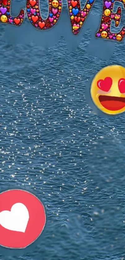 Love-themed emoji wallpaper with ocean backdrop.