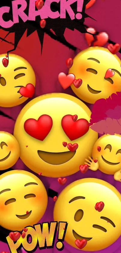 Playful emoji wallpaper with heart designs and comic accents.