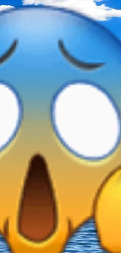 Shocked emoji over a vibrant ocean scene with blue skies.