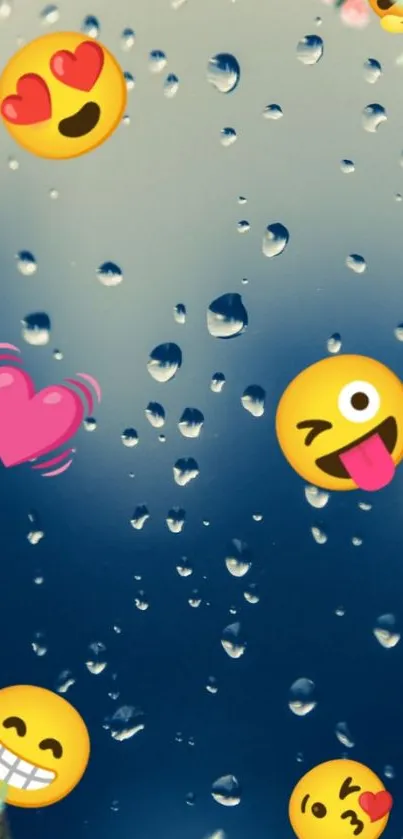 Colorful emoji mobile wallpaper with raindrops on a blue background.