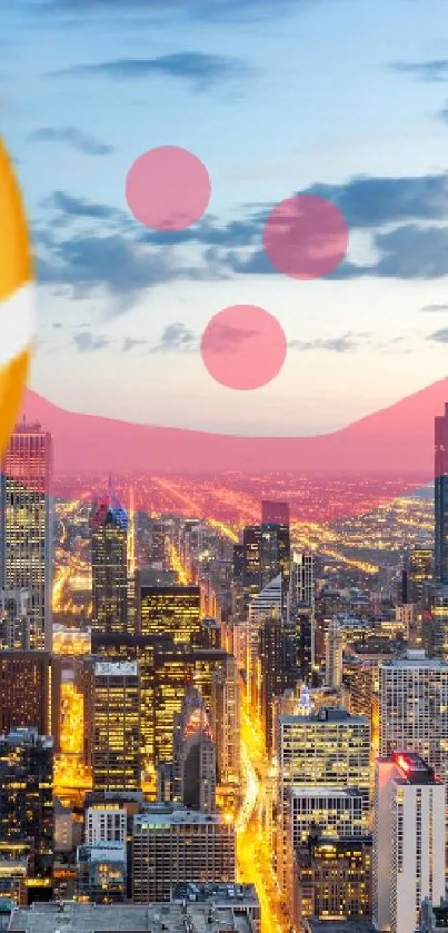 City skyline with mask emoji and vibrant sky.