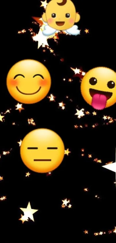 Playful emoji faces with stars on a black background.