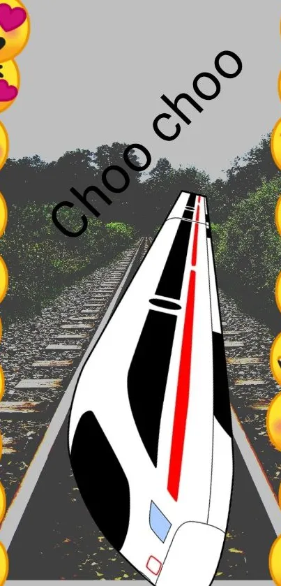 A dynamic train with emoji borders on a scenic track.