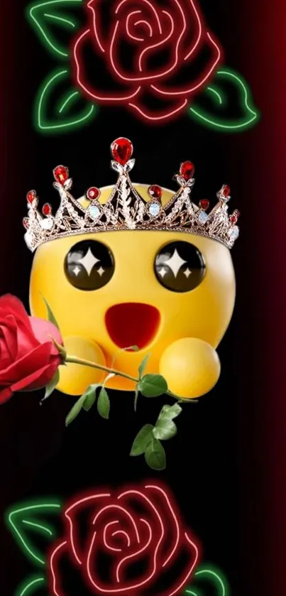 Crowned emoji holding a rose with neon rose background.