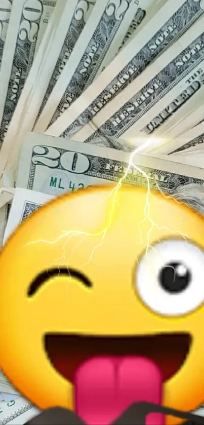 Playful emoji with dollar bills and electric sparks on wallpaper.