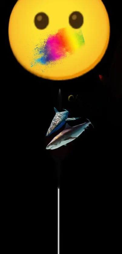 Vibrant emoji with sharks and dolphins on a black background.