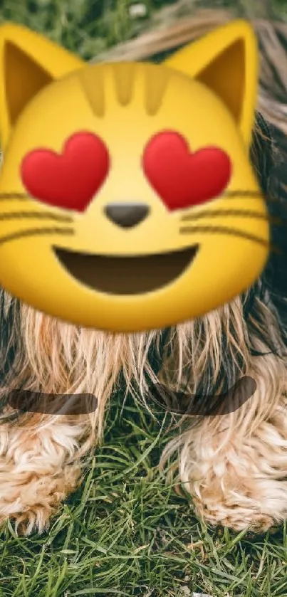 Yorkie with heart-eyed emoji face on green grass.