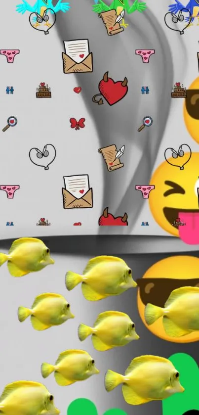 Colorful wallpaper with emojis and fish doodles on a vibrant background.