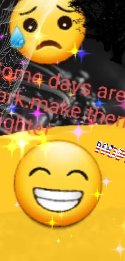 Cheerful emojis on a yellow background with motivational text.