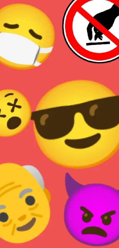 Colorful emoji wallpaper with red flowers.
