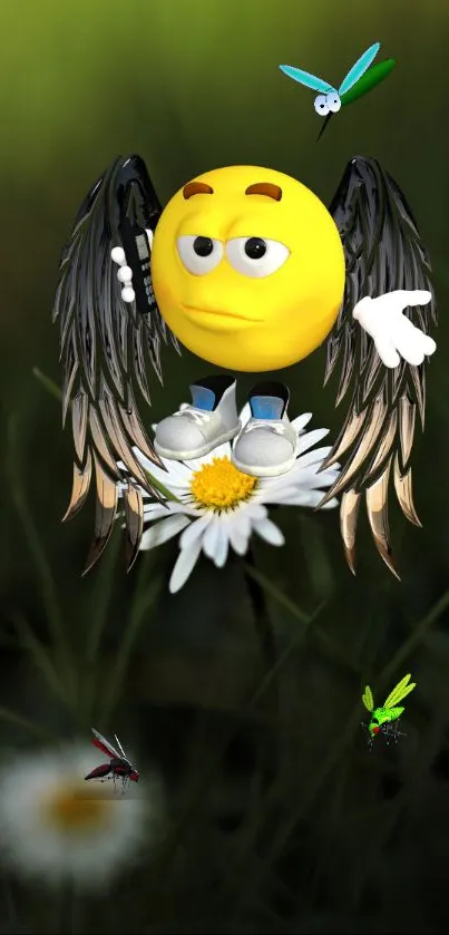 Emoticon with wings on a daisy surrounded by dragonflies.