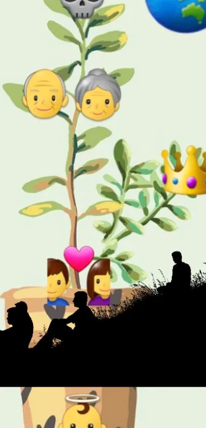 Emoticon tree and silhouette scene, depicting life's journey.