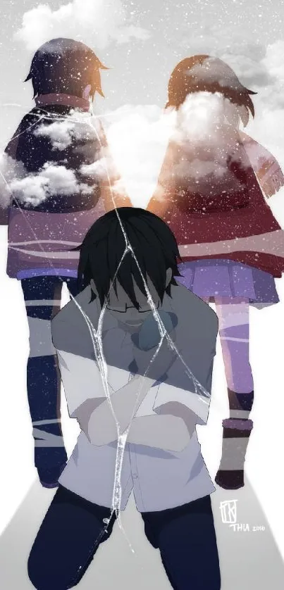 Dramatic anime wallpaper with emotional character in snowy setting.