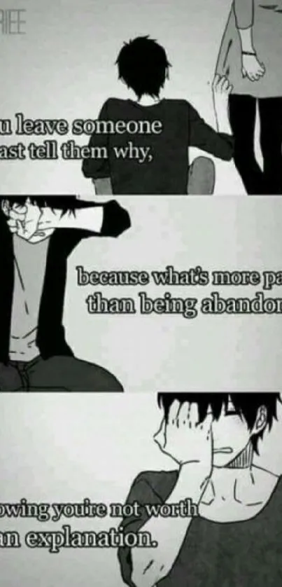 Monochrome anime comic with emotional text.