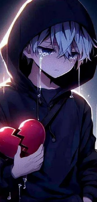 Anime character in hoodie with broken heart, dark theme.