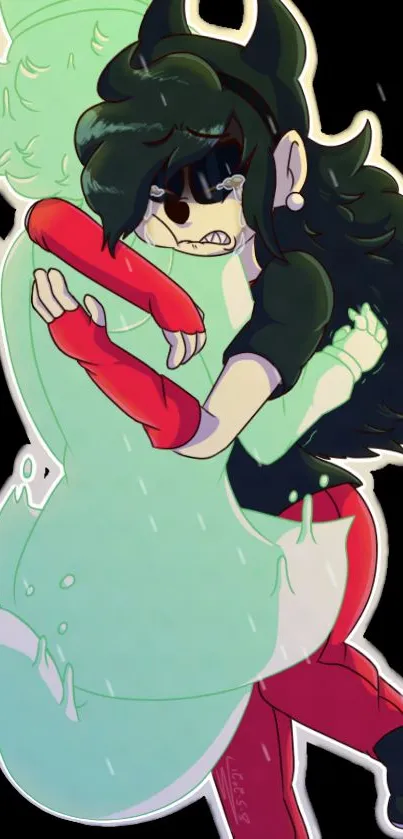 Anime characters in an emotional hug on a vibrant phone wallpaper.