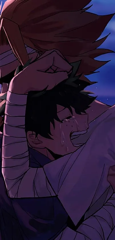 Emotional anime hug with dramatic purple hues.