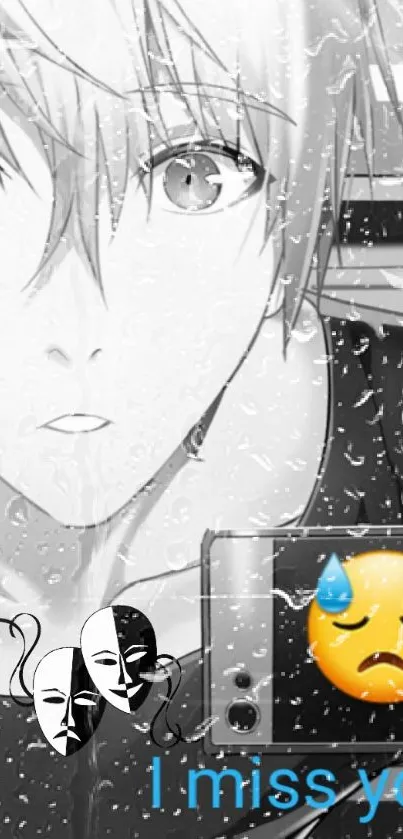 Anime character in rain with emotional theme and sad emoji.