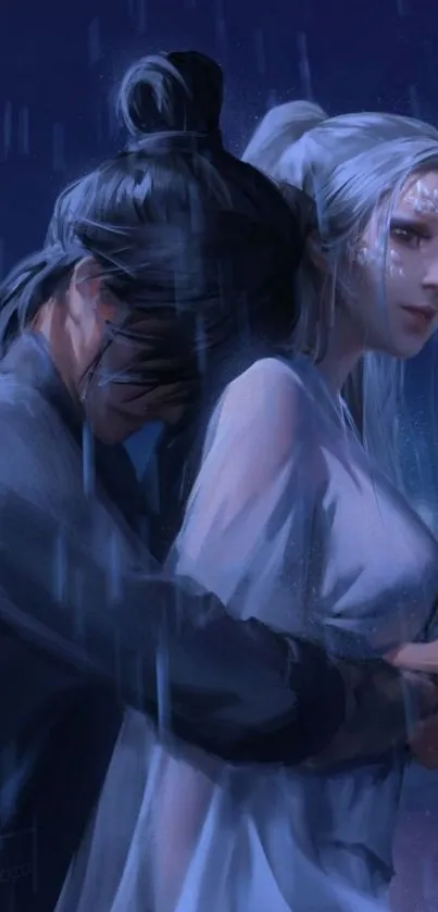 Anime characters in an emotional embrace under the rain, perfect for mobile wallpaper.