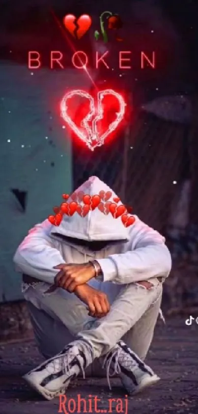 Hooded figure with broken heart and red elements in an urban setting.
