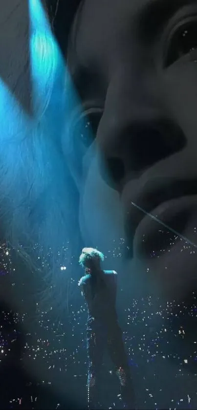 Emotive concert scene with deep blue hues and dramatic lighting.