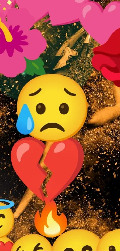 Emotional emoji burst with heart and floral elements on vibrant wallpaper background.