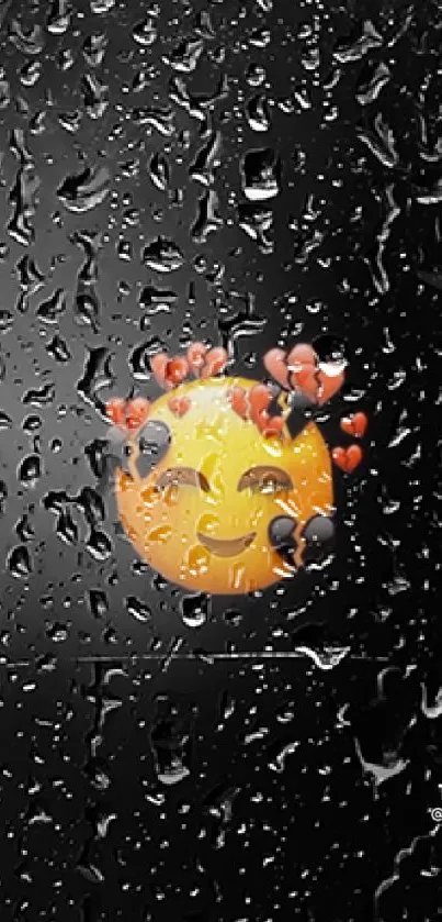 Smiling emoji with hearts and raindrops on a dark mobile wallpaper.