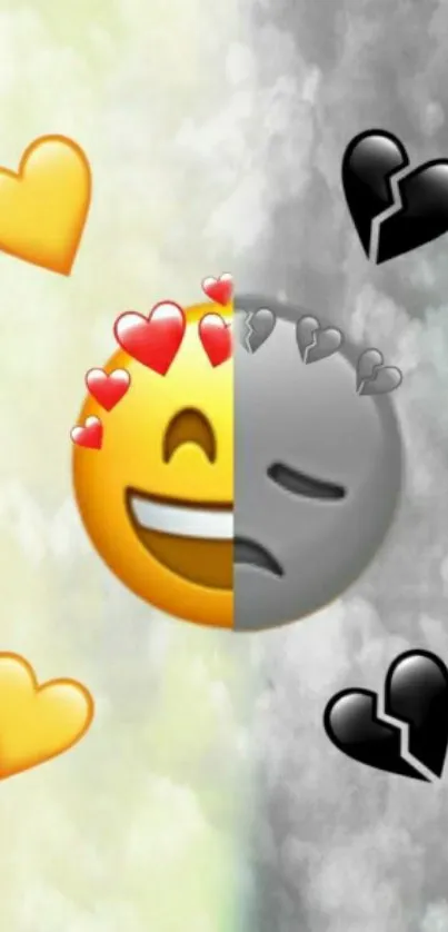 Split emoji with hearts and grayscale background wallpaper.