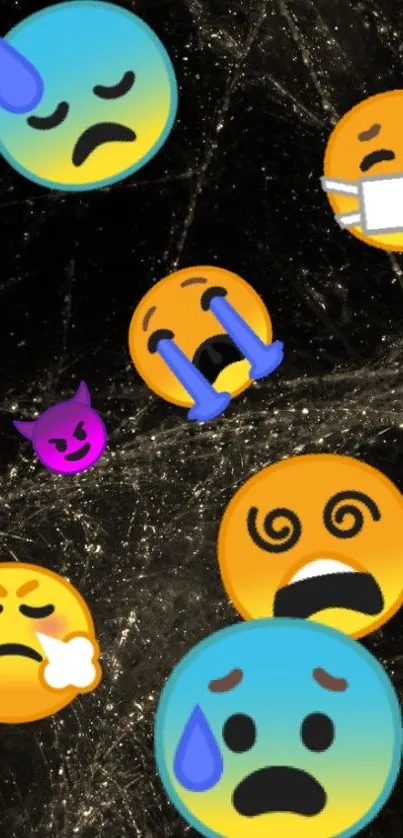 Vibrant emotional emojis on a dark background.