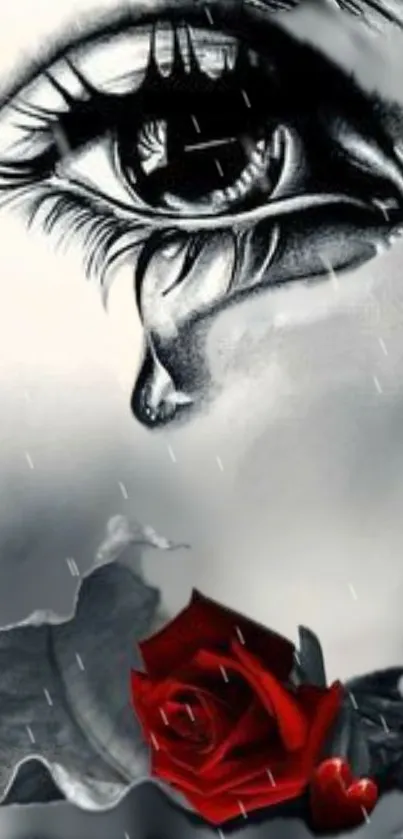 Grayscale eye with a tear over a red rose and gray backdrop.