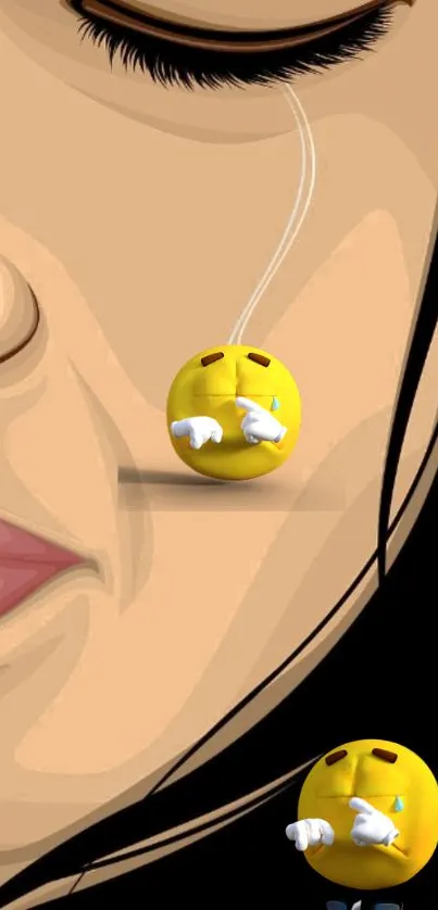 Emotional digital art with a woman's face and yellow emojis on a black background.