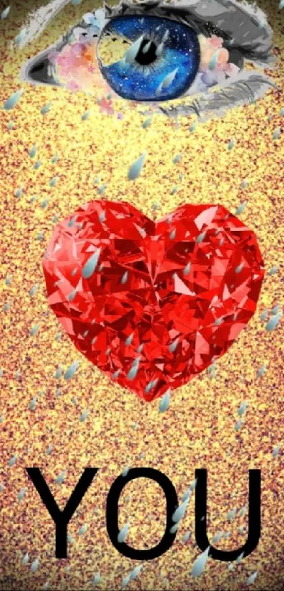 Illustrated red heart and eye on gold glitter background.