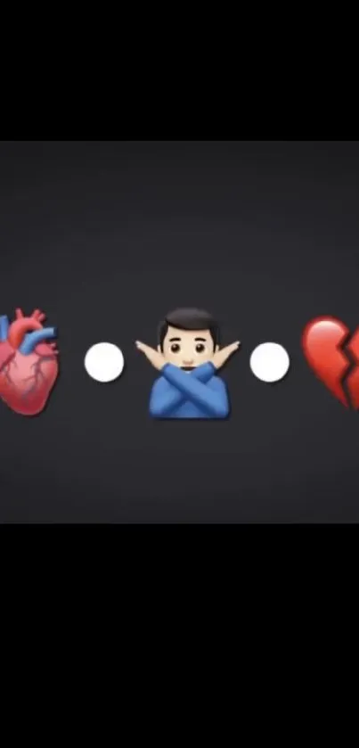 Heart emoji, shrug, and broken heart on a dark background.