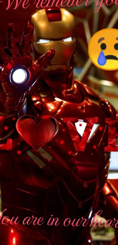 Iron hero in red armor with love message and tear emoji.