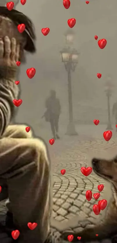 Man sitting with a dog on a foggy street with floating red hearts.