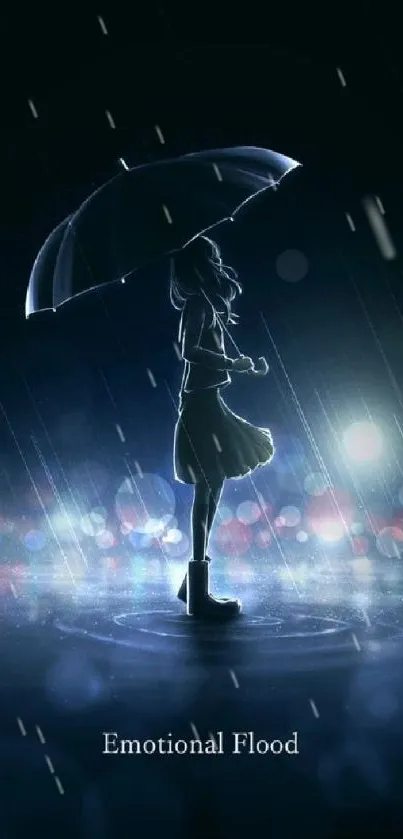 Silhouette with umbrella in the rain, evoking emotion and serenity.