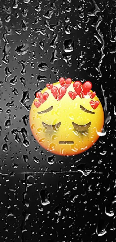 Pensive emoji with raindrops on a glass surface mobile wallpaper.