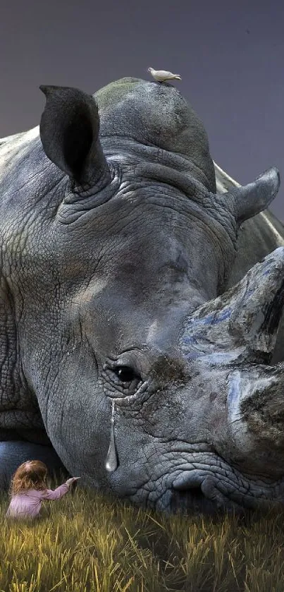 Rhino resting gently on grass with a child, evoking an emotional connection.