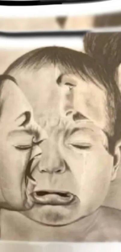 Artistic sketch of emotional interconnected faces in sepia tones.