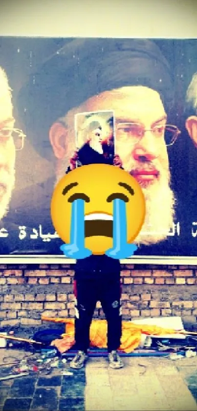 Street art with a crying emoji on a mobile wallpaper.