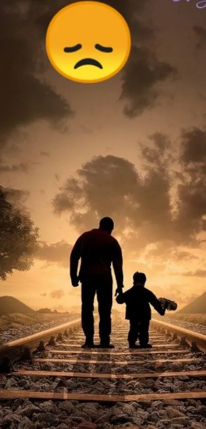 Silhouette of parent and child walking along a sunset railway track with emoji.