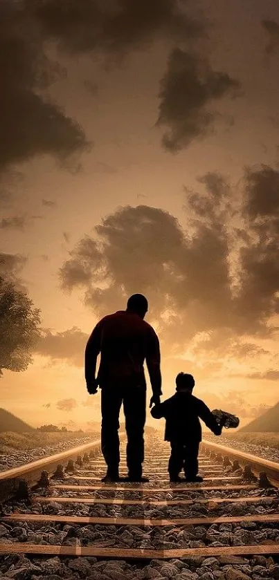 Father and child walking down a railway track at sunset in silhouette.
