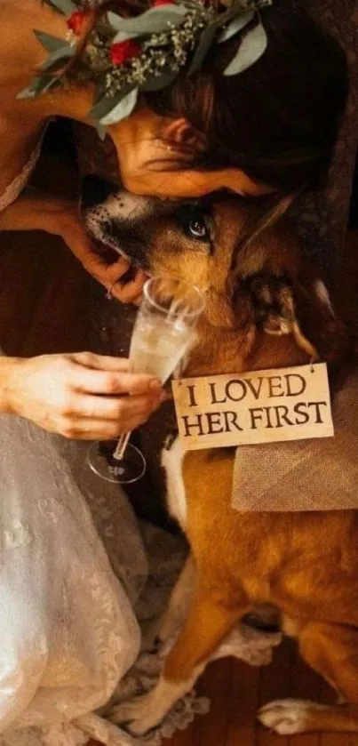 Bride shares touching moment with dog wearing 'I Loved Her First' sign.