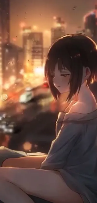 Anime girl sitting overlooking a vibrant, glowing city at night.