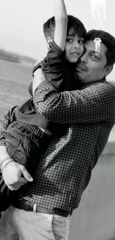 Man holding a child by the river in a black and white photo.